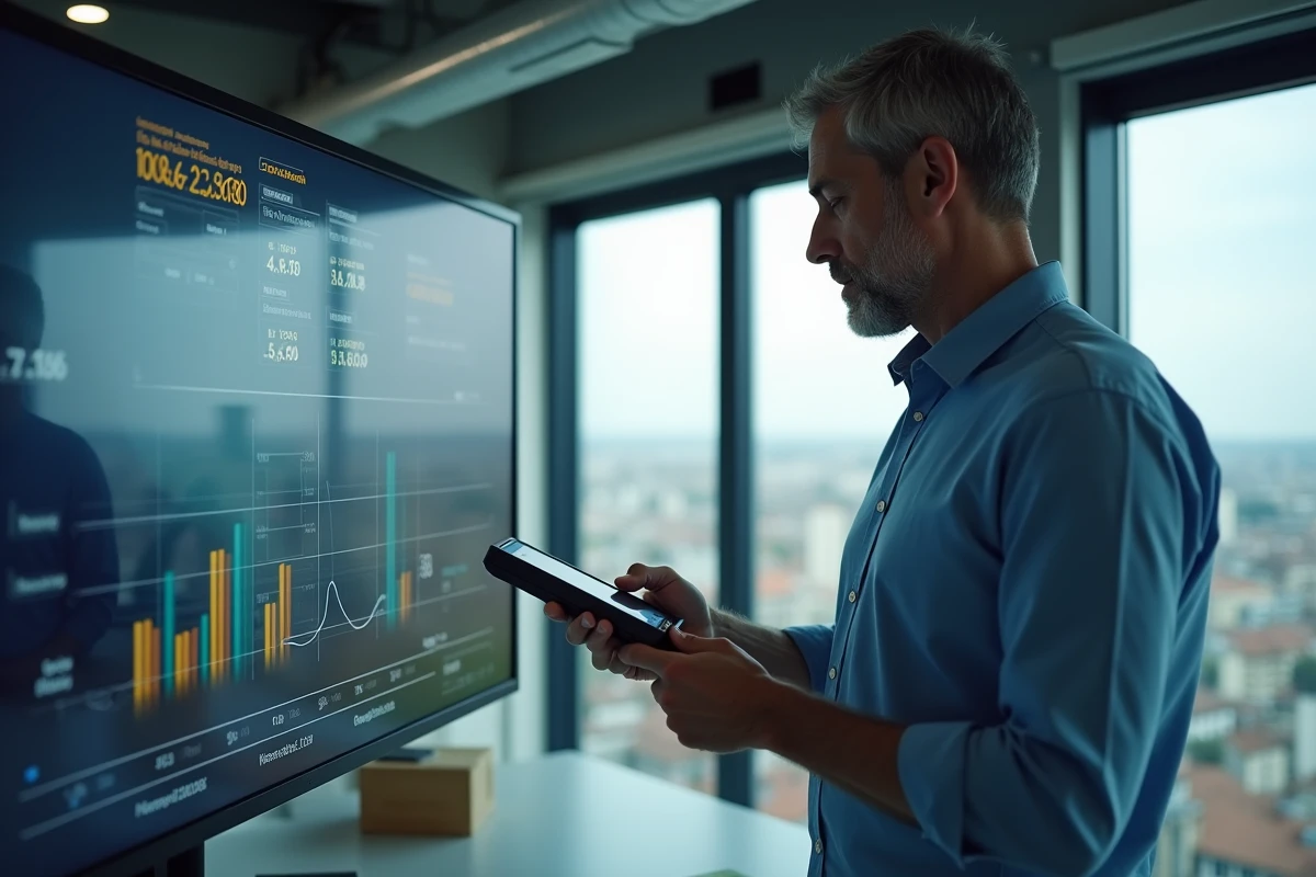 Homme scannant un produit avec un lecteur RFID dans un bureau technologique