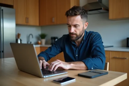 Homme d'âge moyen signant en ligne dans une cuisine moderne