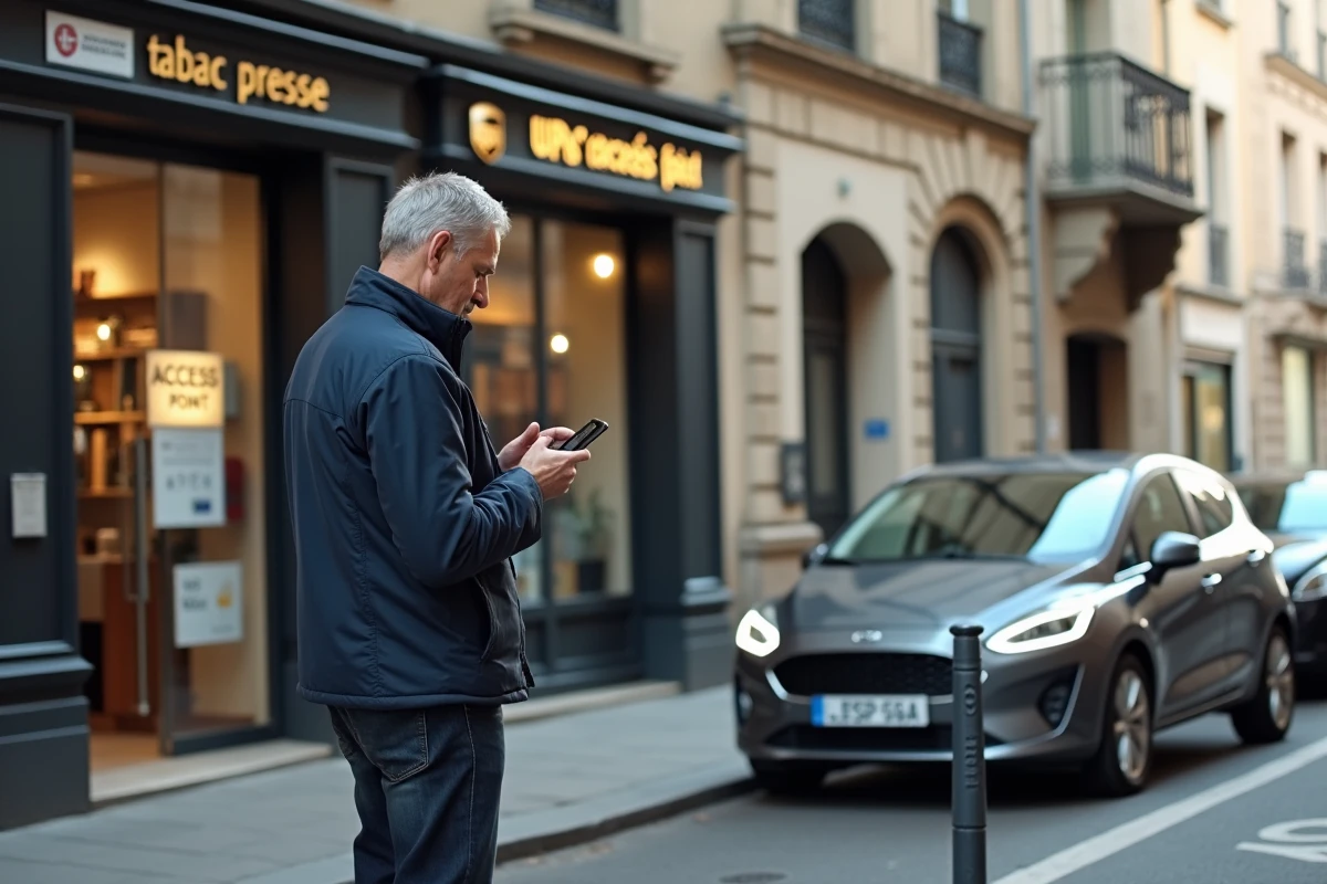 Un homme consulte son téléphone devant un point relais UPS avec parking disponible en rue