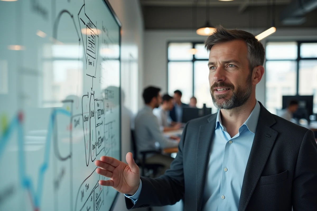 Homme en réunion expliquant des stratégies devant un tableau blanc