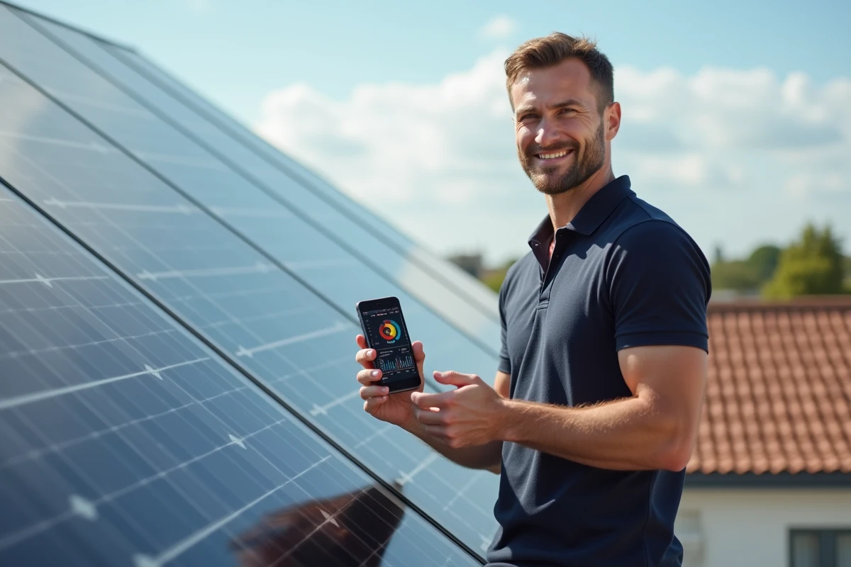 Homme vérifiant les données de production solaire sur smartphone depuis son toit équipé de panneaux photovoltaïques