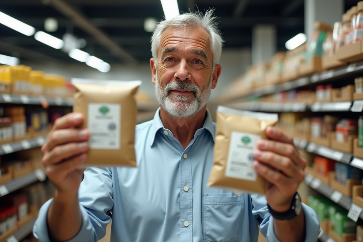 Homme regardant des emballages dans un supermarché lumineux