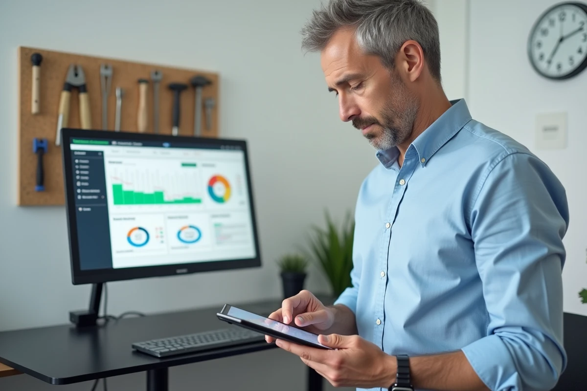 Homme en télétravail debout consultant une application de suivi du temps sur tablette dans un bureau moderne