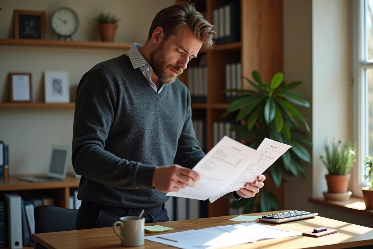 Homme en télétravail comparant son CV commercial avec une offre d'emploi sur son bureau à domicile