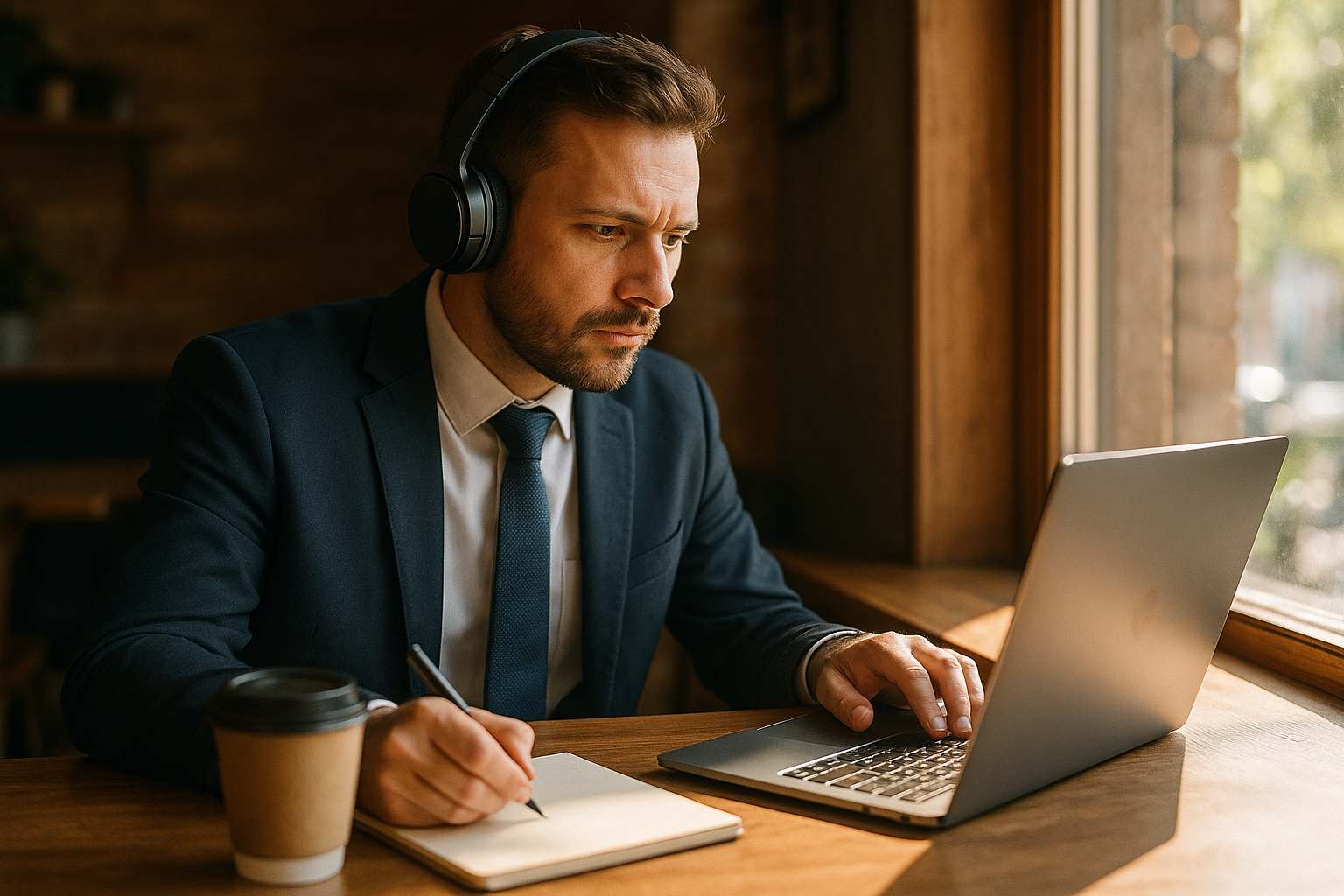 Homme travaillant seul dans un café avec casque sans fil