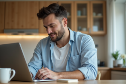 Homme travaillant sur un laptop dans une cuisine moderne
