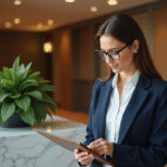 Manager d hotel en blazer navy dans le lobby moderne