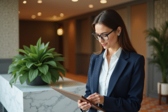 Manager d hotel en blazer navy dans le lobby moderne