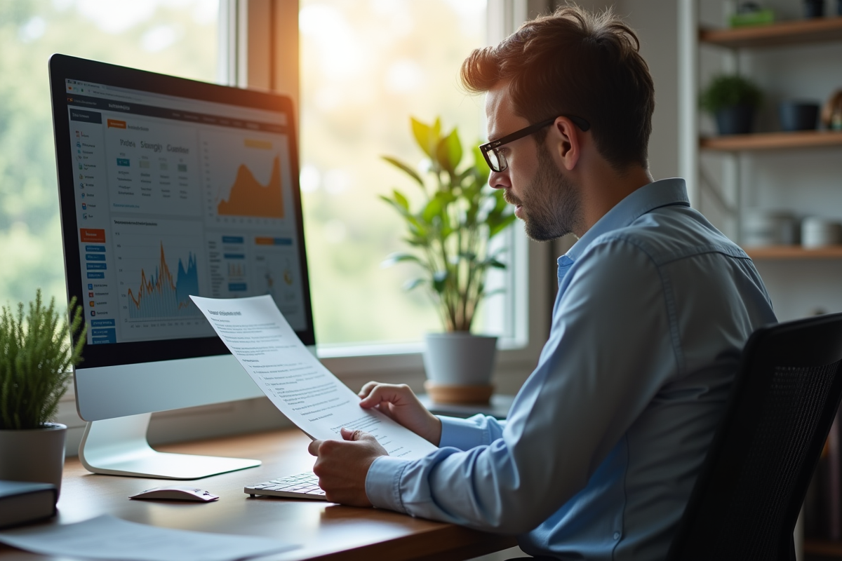 Responsable RH lisant un document juridique au bureau