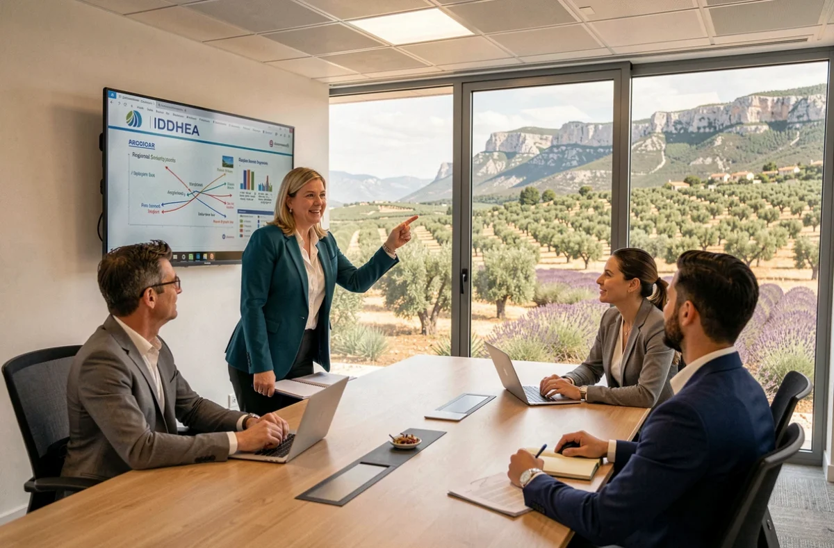 Consultante IDDHEA Provence-Alpes-Côte d'Azur présentant une stratégie d'emploi régionale en salle de réunion avec panorama provençal