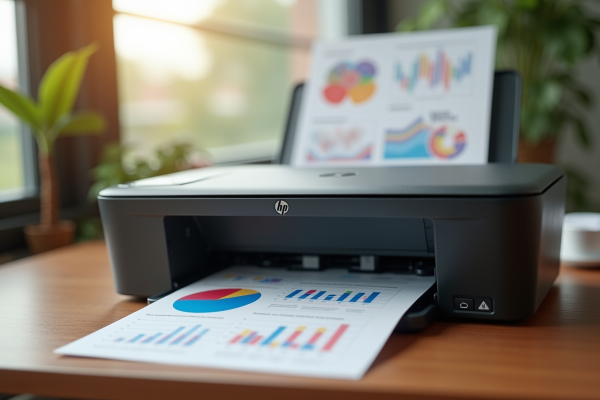Imprimante HP avec graphiques d affaires colorés sur le bureau