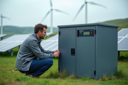 Ingénieur inspectant une batterie solaire en extérieur