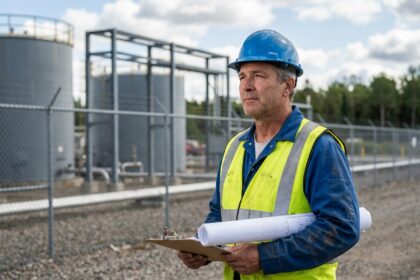 Ingénieur en sécurité sur site industriel en extérieur