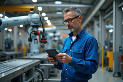 Ingénieur industriel avec robot et tablette en usine