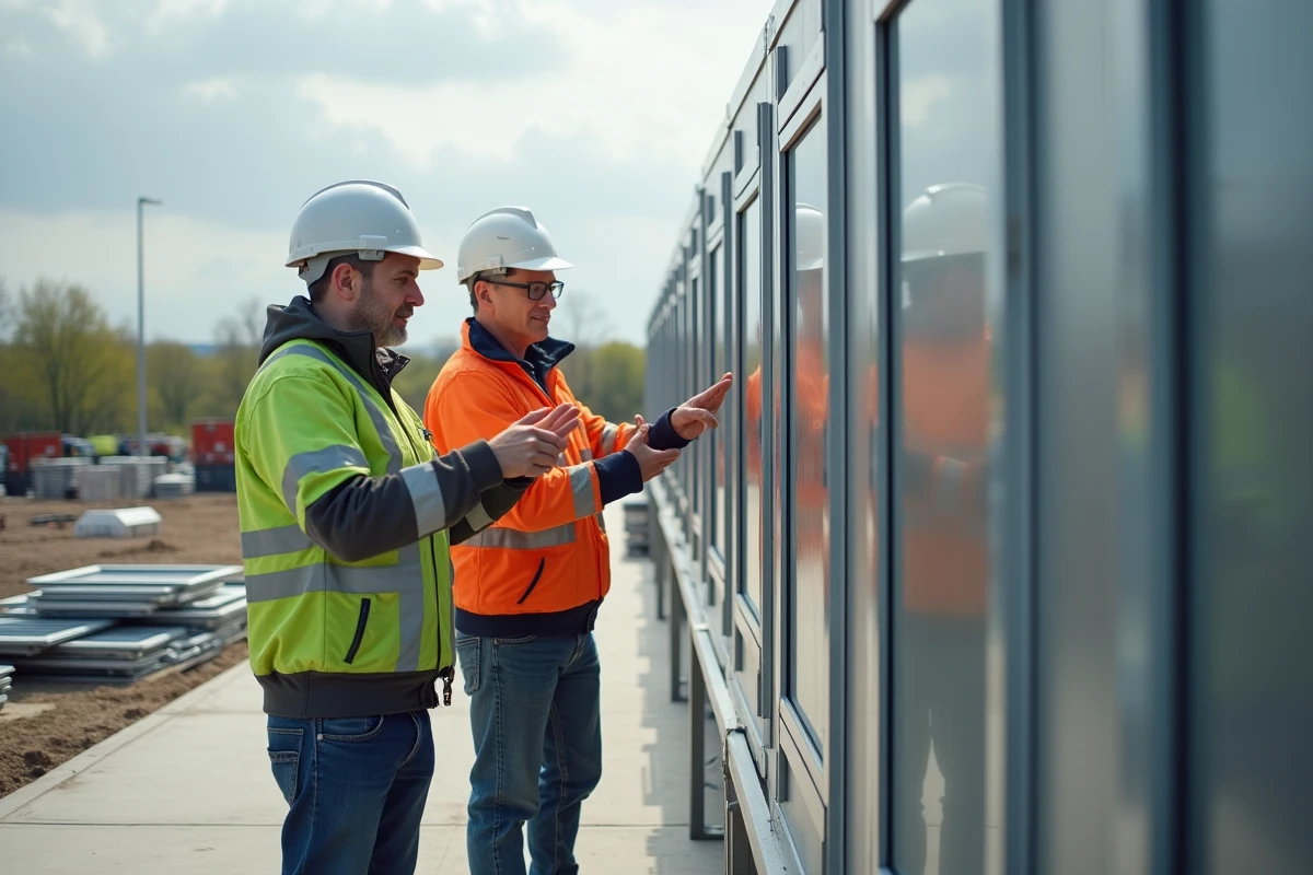 Ingénieurs en extérieur examinant des structures modulaires à Lille