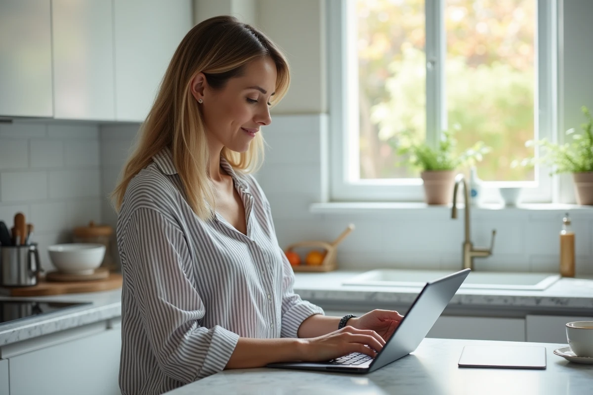 Femme consultant sa tablette pour s'inscrire sur la plateforme Partylite My Business dans une cuisine moderne