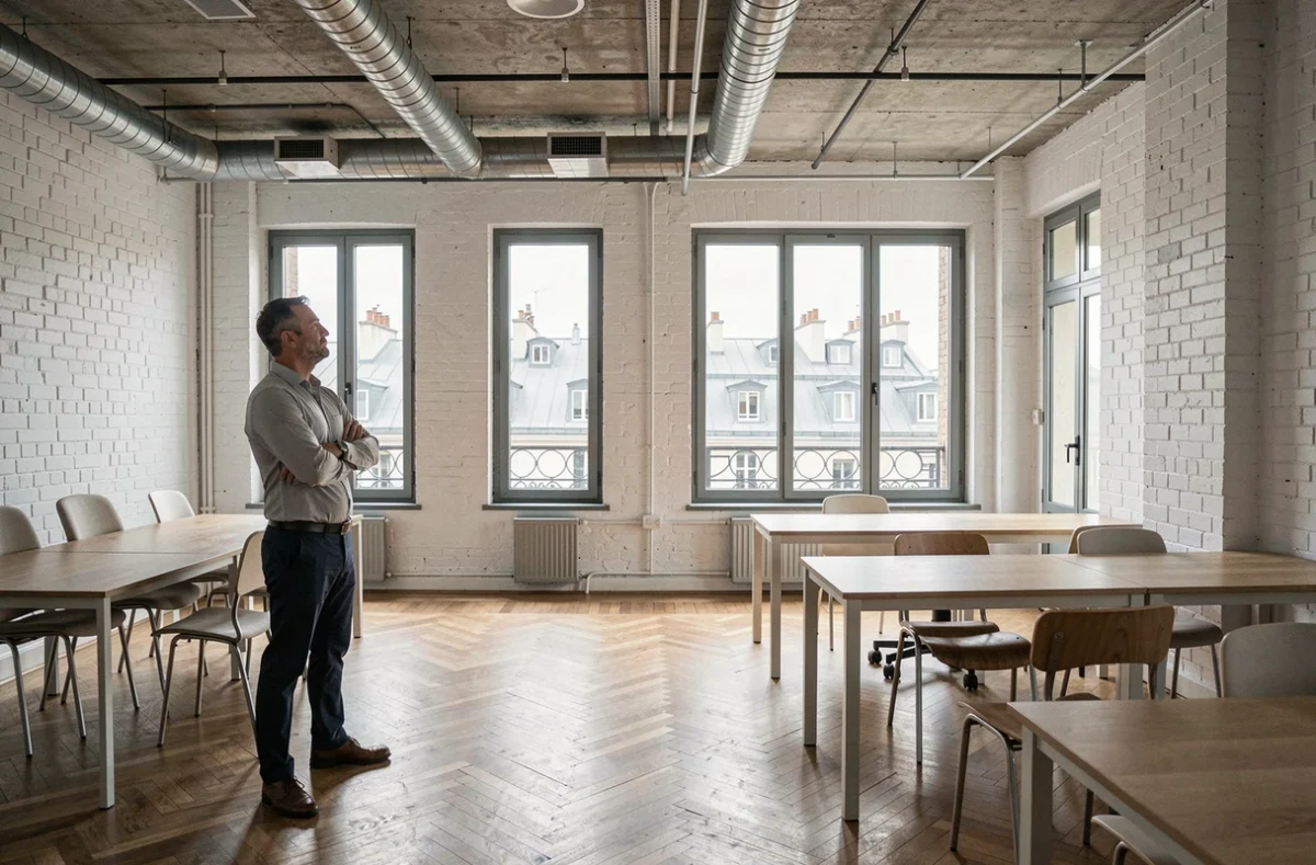 Un homme inspecte un espace de bureau vide à Paris avant de signer un contrat de sous-location, évaluant les installations et l'état des lieux