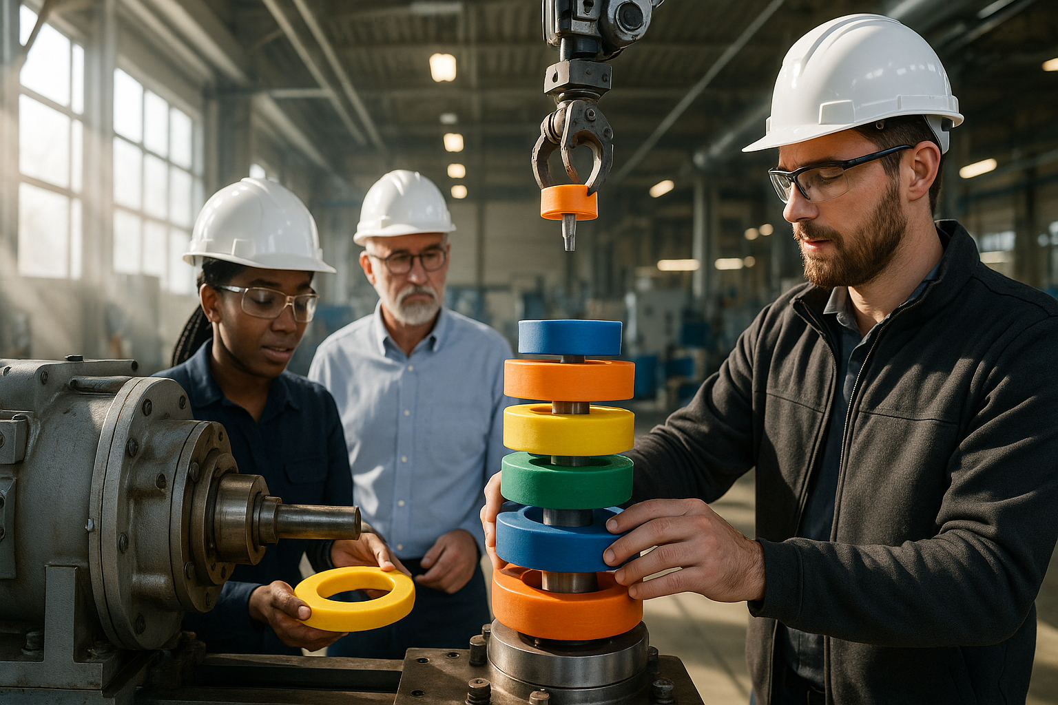 Machine industrielle en usine avec équipe d