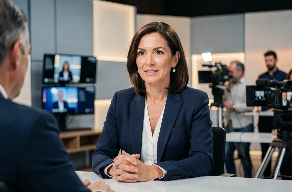 Femme professionnelle en blazer marine interviewée dans un studio de télévision moderne pour une stratégie de relations publiques TV