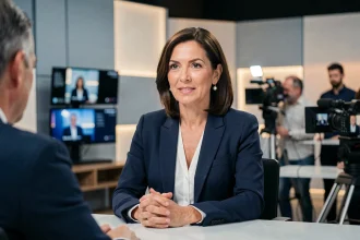 Femme professionnelle en blazer marine interviewée dans un studio de télévision moderne pour une stratégie de relations publiques TV
