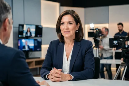 Femme professionnelle en blazer marine interviewée dans un studio de télévision moderne pour une stratégie de relations publiques TV