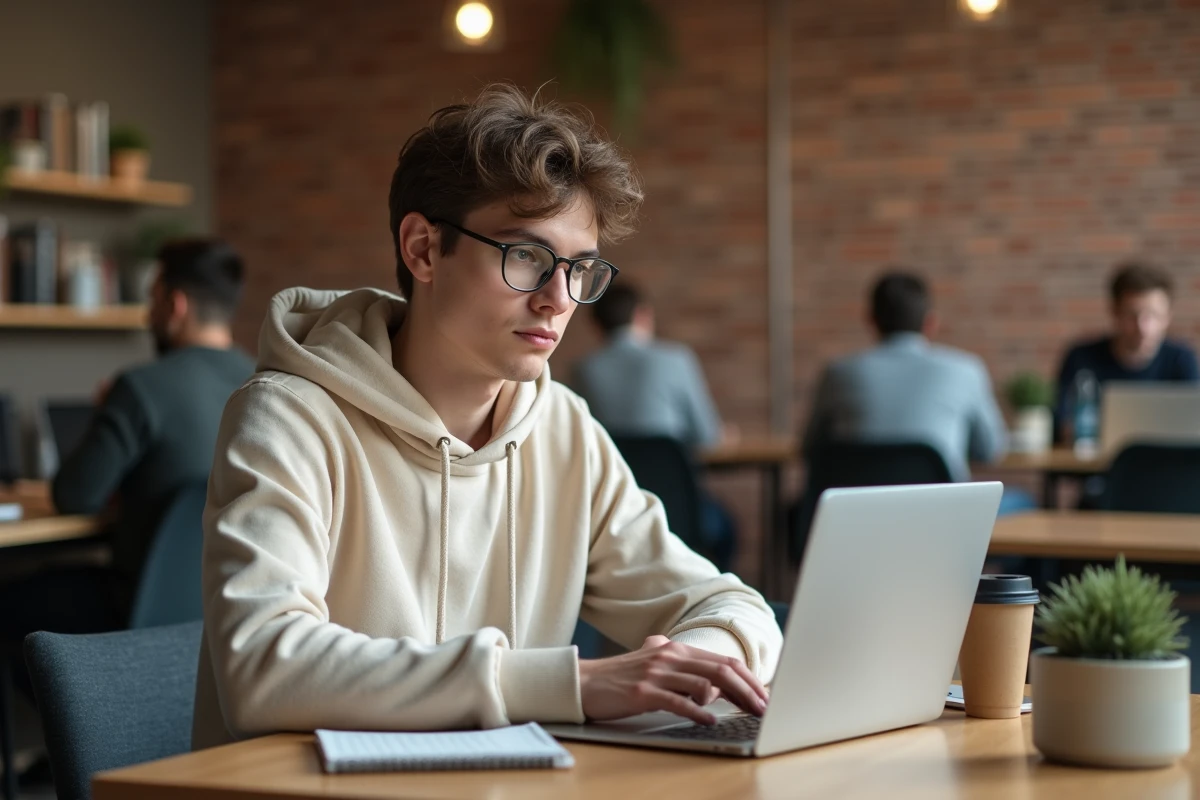 Jeune adulte débutant dans le travail en ligne depuis un espace de coworking urbain avec ordinateur portable et cahier