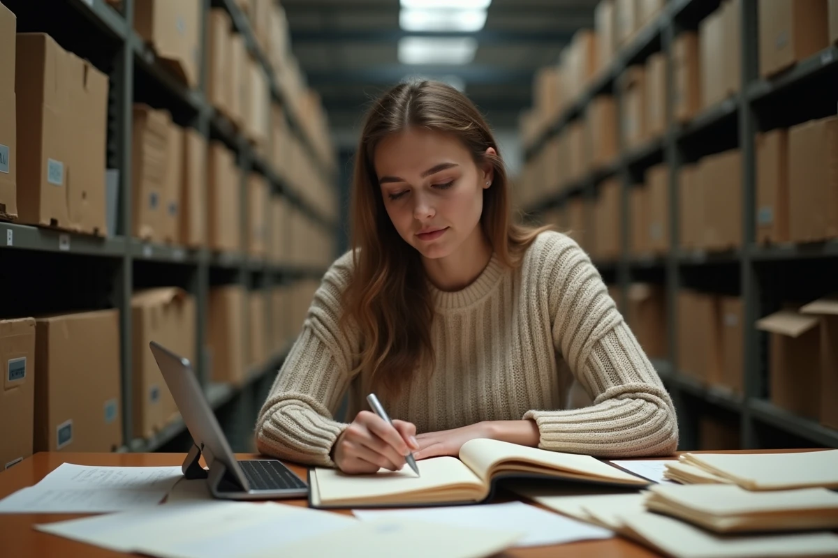 Jeune femme examinant des dossiers dans une salle d