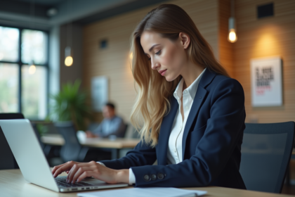 Jeune femme professionnelle tapant sur un ordinateur au bureau