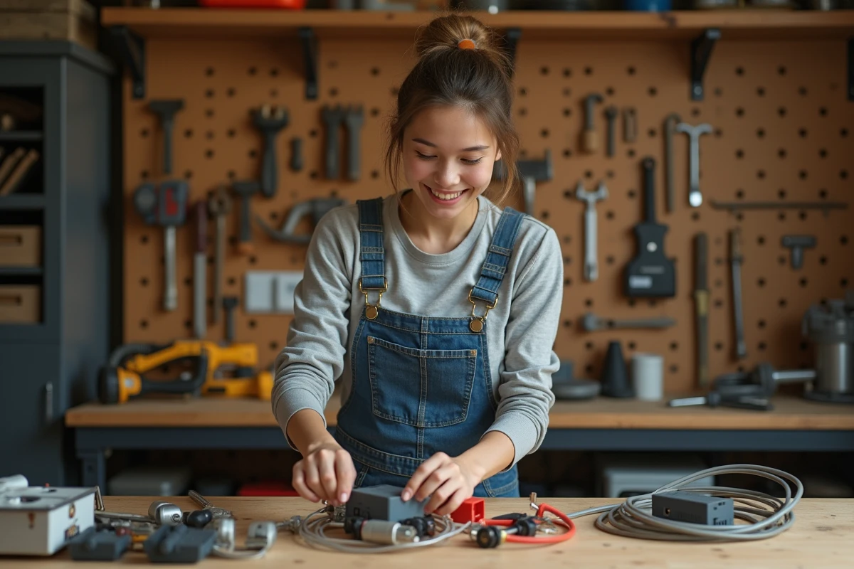 Jeune femme organisant des interrupteurs et câbles dans un atelier