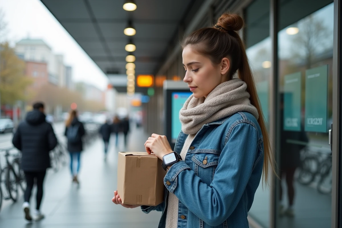 Jeune femme avec colis devant point de retrait urbain moderne