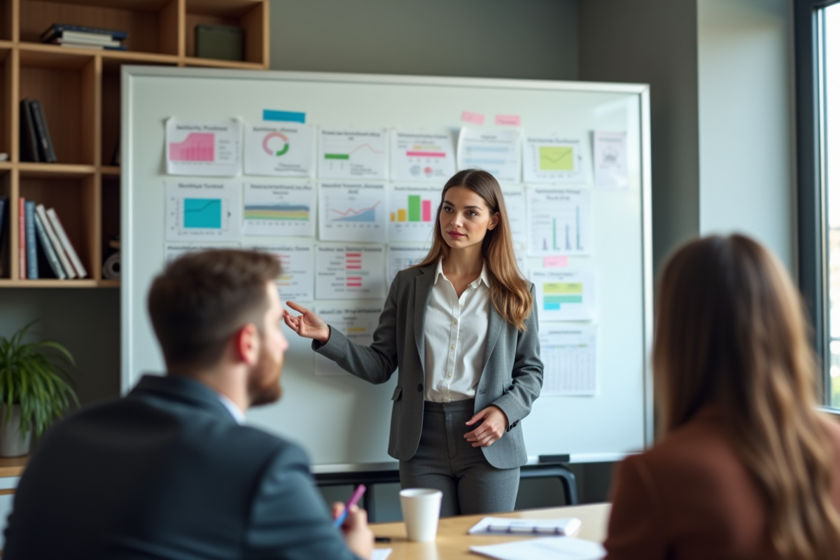 Jeune femme expliquant des graphiques lors d