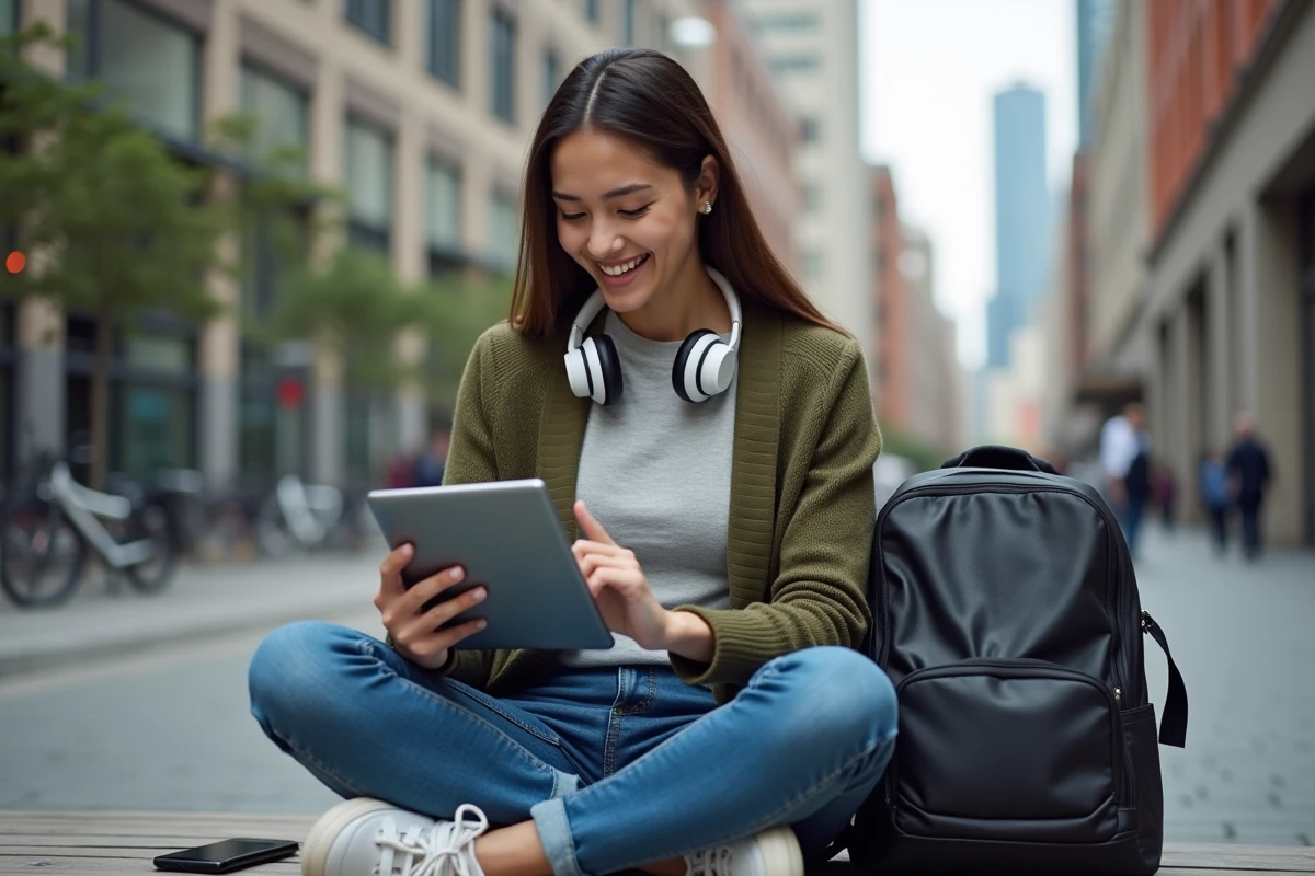 Jeune femme utilisant une tablette en extérieur en ville