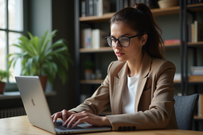 Jeune femme concentrée gérant ses réseaux sociaux sur un laptop