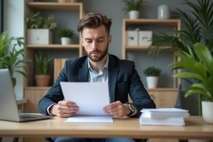 Jeune freelance professionnel examinant un contrat dans un bureau lumineux