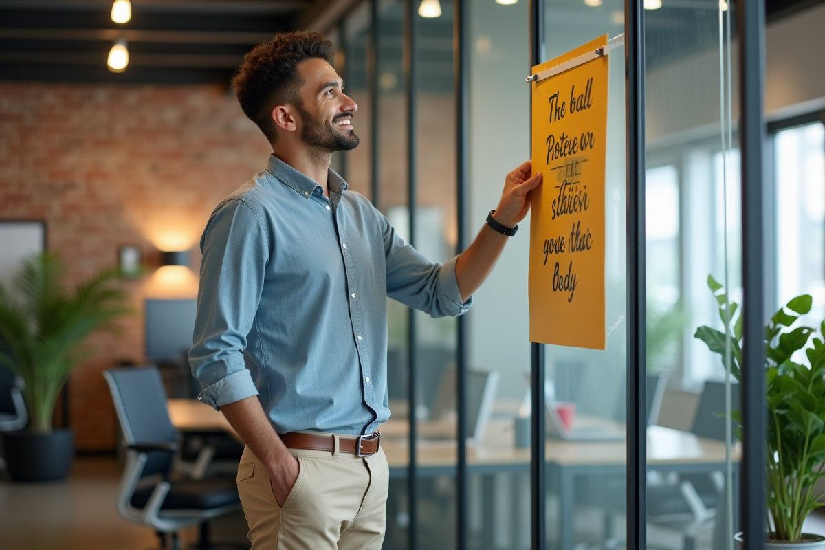 Jeune homme accrochant une affiche inspirante dans un bureau moderne