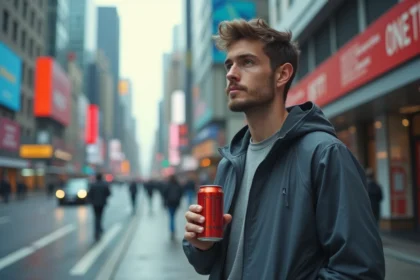 Jeune homme dans la ville avec canette d'énergie