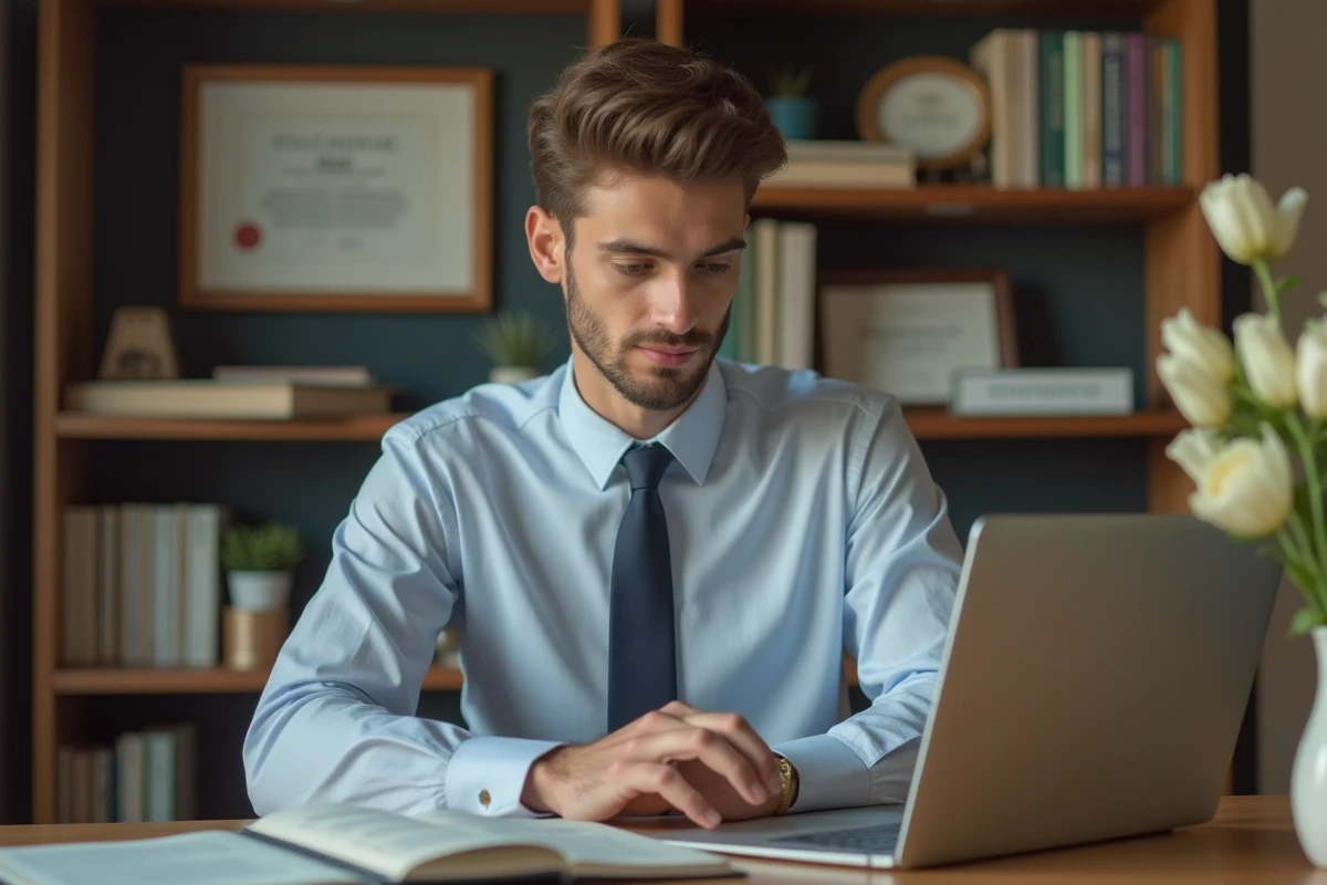 Jeune homme tapant un email de remerciement dans un bureau à domicile