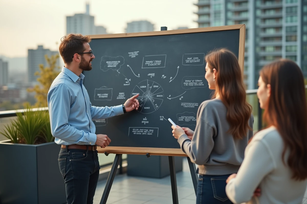 Jeune homme présentant une carte stratégique en extérieur