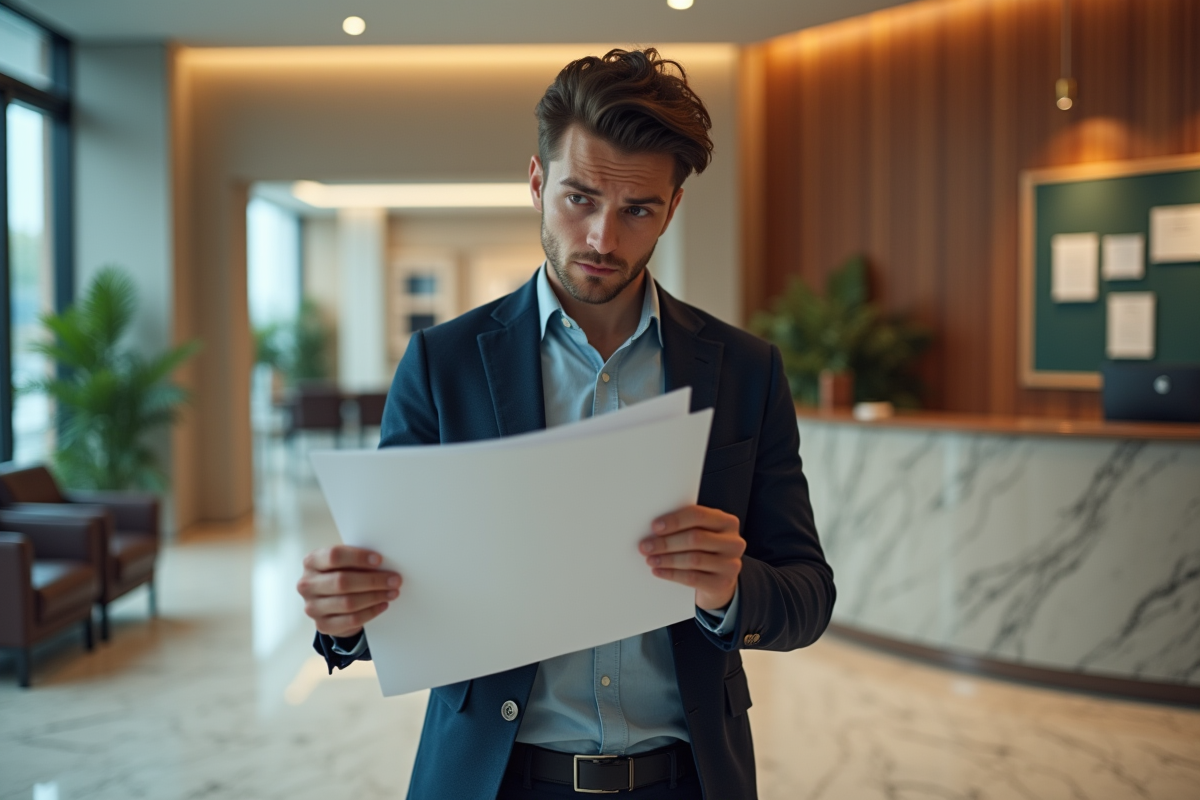 Jeune homme perplexe à la reception d un bureau