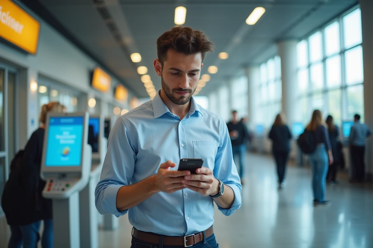 Jeune homme scannant un code QR dans un centre public