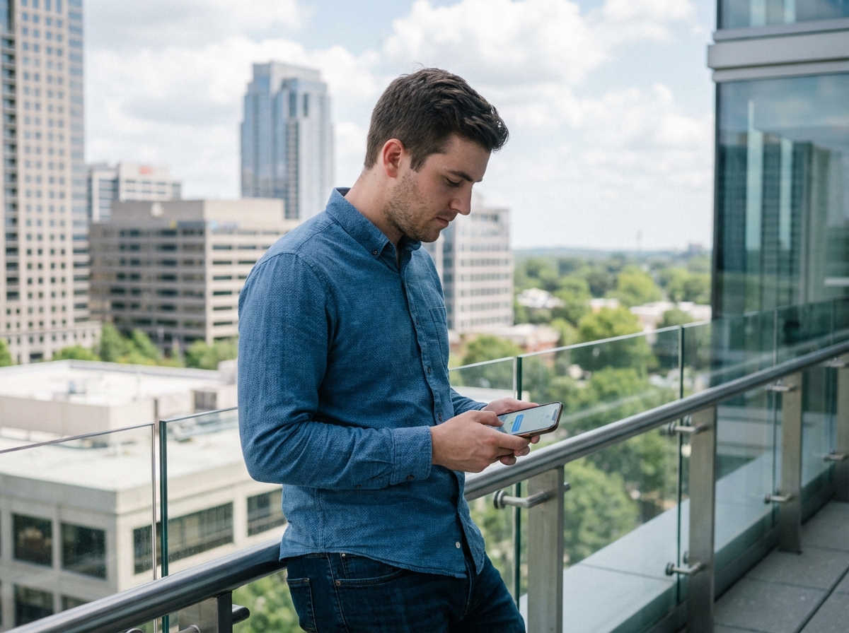 Jeune homme vérifiant un message sur smartphone en extérieur