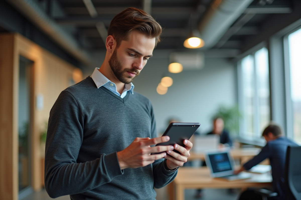 Jeune homme analysant des données dans un espace coworking