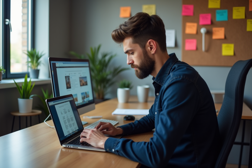 Jeune web designer en bureau moderne avec ordinateur portable