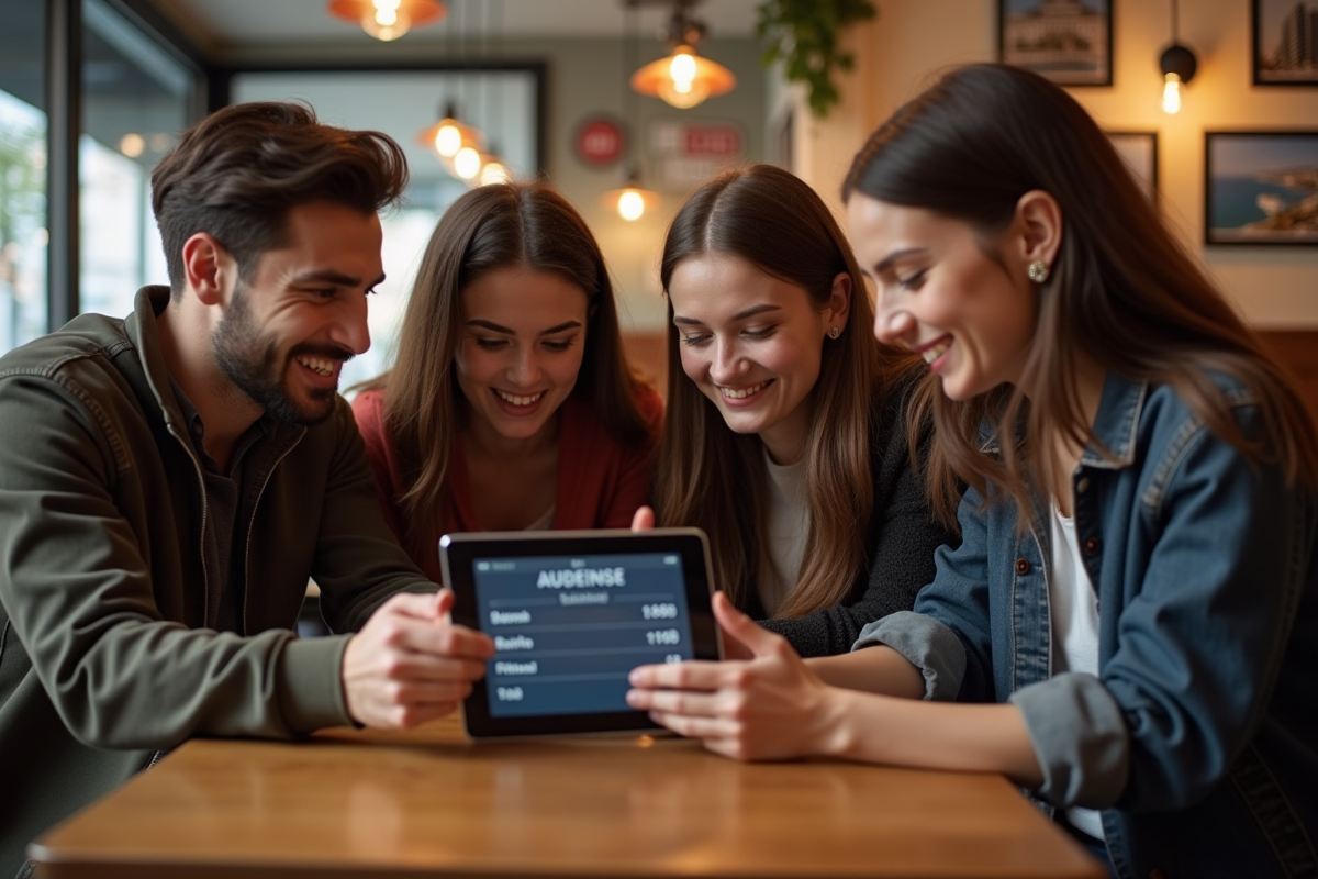 Groupe de jeunes adultes dans un café parisien avec tablette