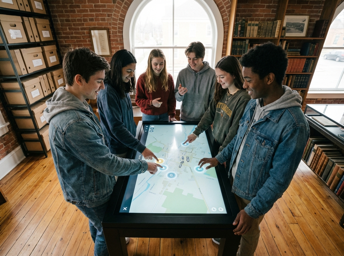 Groupe de jeunes explorant une carte heritage sur une table digitale au musée