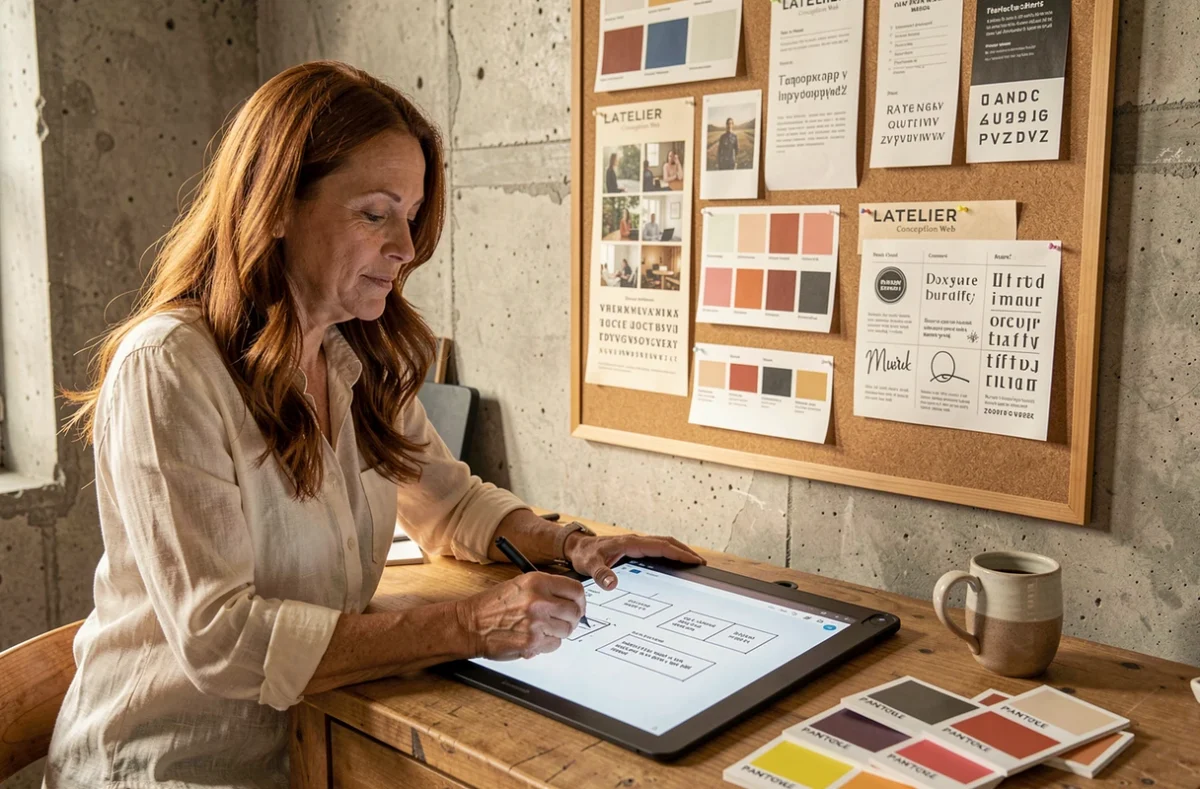 Designer web de LATELIER Conception Web à Niort esquissant un projet de site sur mesure dans un atelier créatif