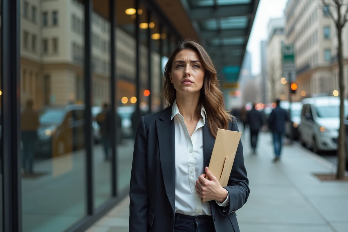 Femme debout devant un immeuble de bureaux tenant une enveloppe officielle, symbolisant l'incertitude liée à un licenciement et l'accès aux allocations chômage