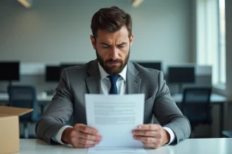 Homme en costume recevant une lettre de licenciement dans un bureau moderne, illustrant les risques liés à la perte d'emploi et aux droits au chômage