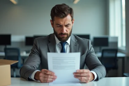 Homme en costume recevant une lettre de licenciement dans un bureau moderne, illustrant les risques liés à la perte d'emploi et aux droits au chômage
