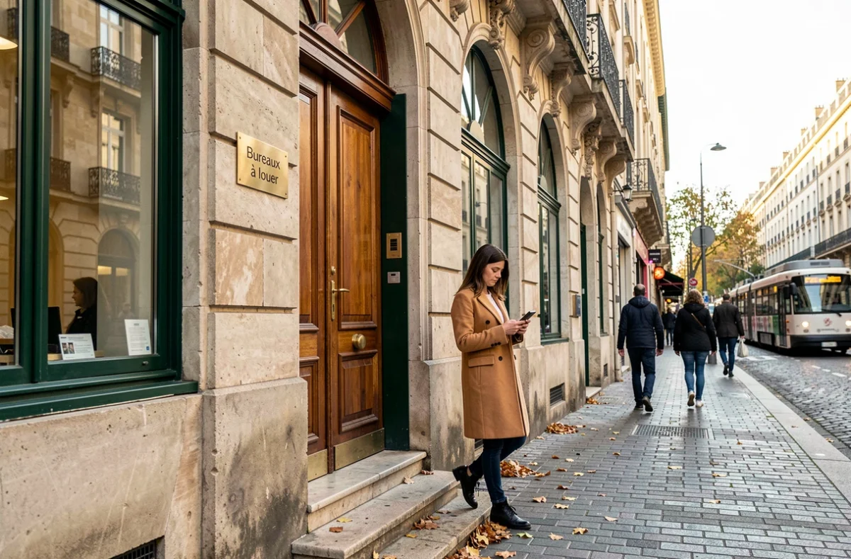 Façade de bâtiment lyonnais avec panneau de location de bureaux dans le quartier d'affaires de la Presqu'île à Lyon